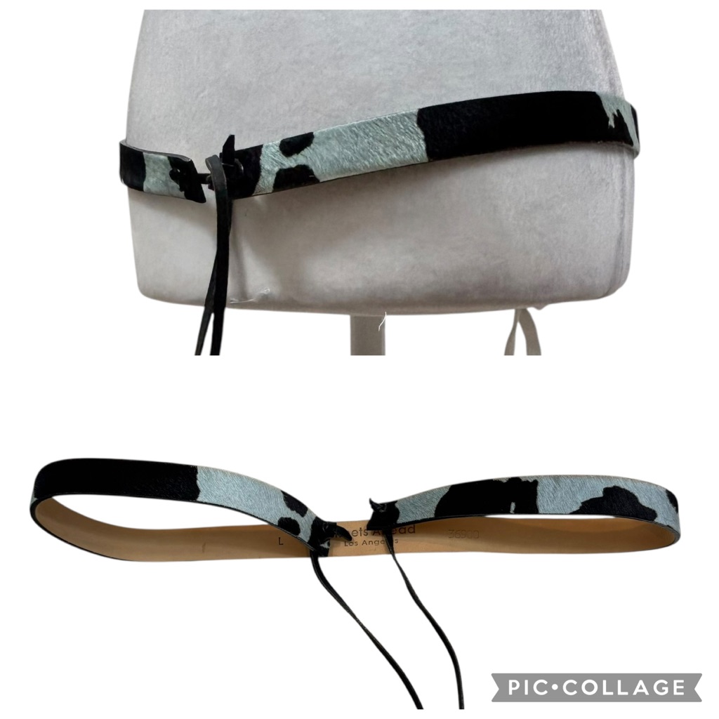 Streets Ahead Brand Light Blue And Black Cow Print Pony Hair Leather Belt Large
